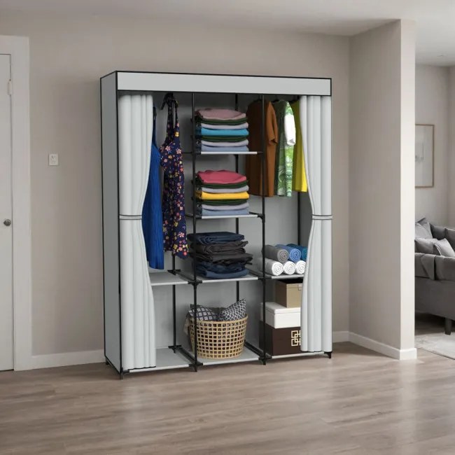 Šatníková skriňa SONIA s 8 policami a sivým závesom