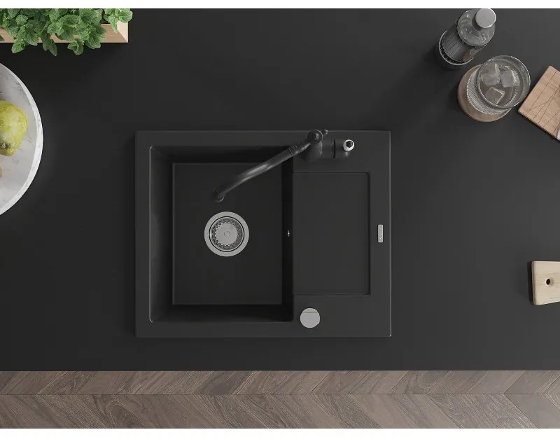 Mexen Enzo, granitový drez 576x465x174 mm, 1-komorový a drezová batéria Carla, čierna, 6506-77-670700-70