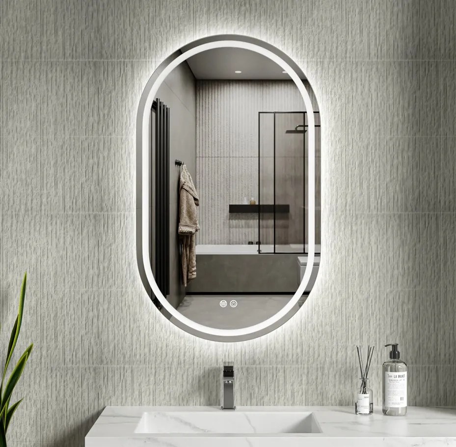 Erga Lyra, oválne LED zrkadlo 60x100cm, 3 farby svetla, predné a zadné osvetlenie, vyhrievacia podložka proti zapareniu, ERG-V01-Lyra-6010-CL