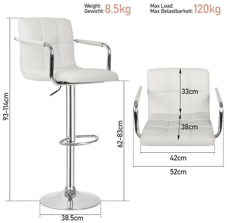 MIADOMODO Barová stolička 2 ks, s lakťovými opierkami, biela