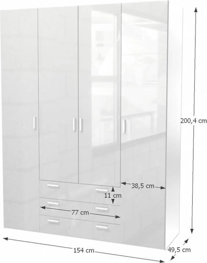 Skriňa, 4 - dverová, biela extra vysoký lesk HG, GWEN 70429