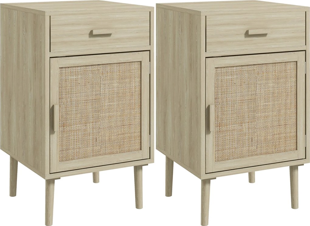 HOMCOM Set 2 Nočných Stolíkov s Ratanovým Zásuvkou a Nastaviteľnou Poličkou pre Spálňu a Obývačku 40x40x68,5 cm Dub | Aosom