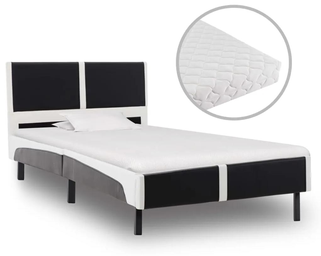Posteľ s matracom, čierno biela, umelá koža 90x200 cm
