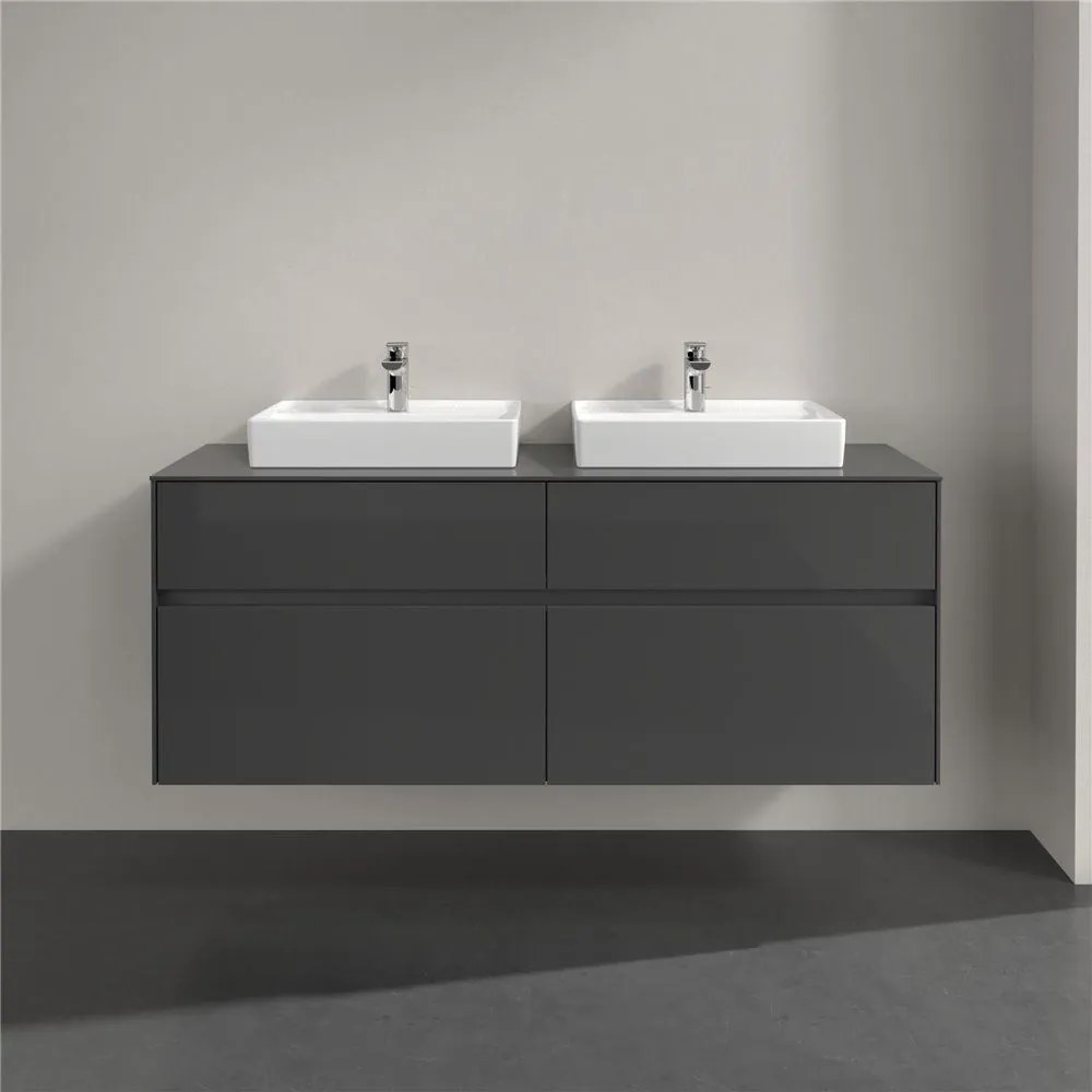 VILLEROY &amp; BOCH Collaro závesná skrinka pod dve umývadlá na dosku, 4 zásuvky, s LED osvetlením, 1400 x 500 x 548 mm, Glossy Grey, C076B0FP