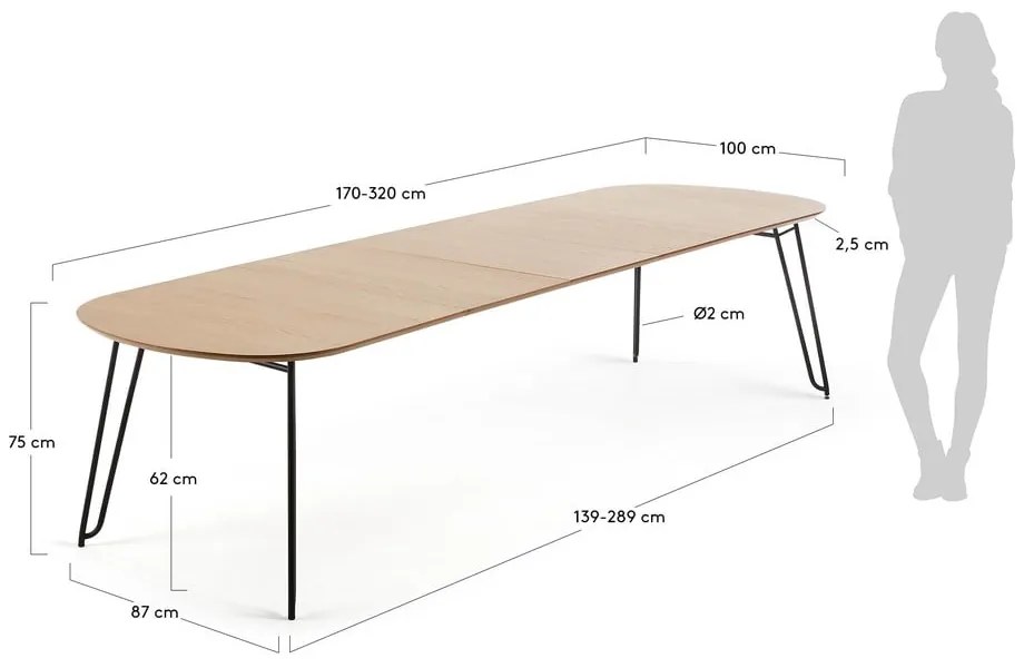 Rozkladací jedálenský stôl v dekore duba v prírodnej farbe 100x170 cm Novac – Kave Home