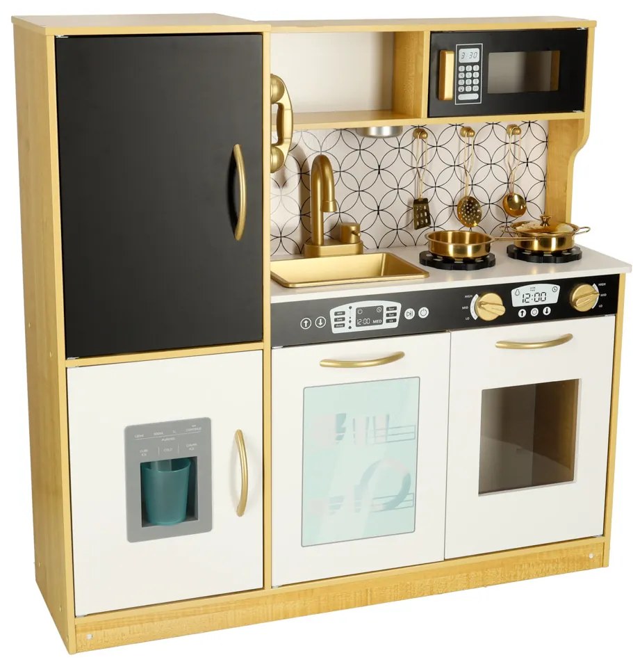 KIK Detská drevená kuchynka so svetlom a zvukom, chladnička, zlatá, 3+