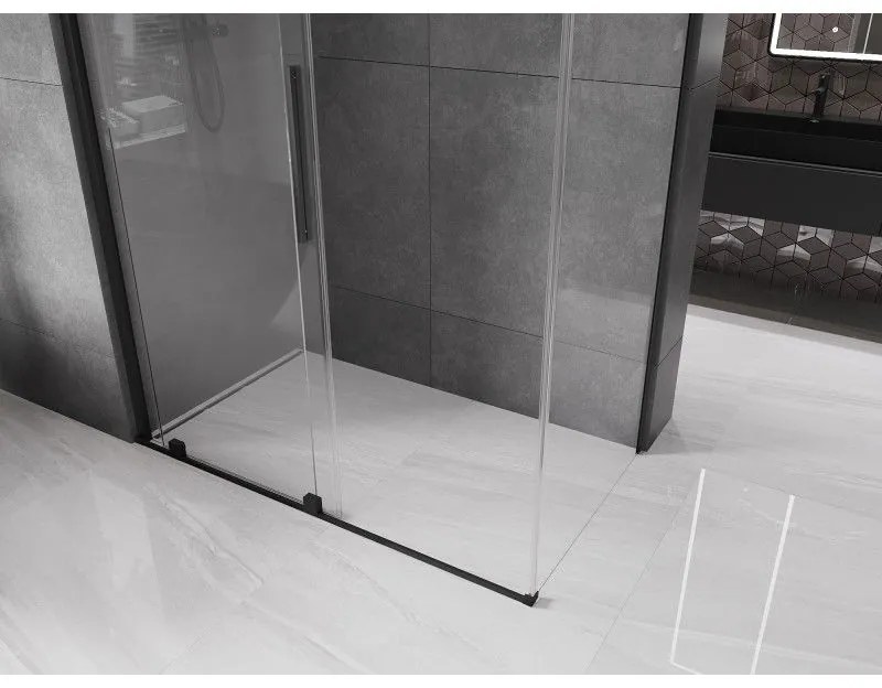 Mexen Velar, sprchový kút s posuvnými dverami 140(dvere) x 80(stena) cm, 8mm číre sklo, čierna matná, 871-140-080-01-70