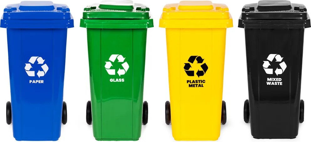 MULTISTORE Sada 4 odpadkových košov 4x120L, modrý zelený žltý čierný - gumové kolieska
