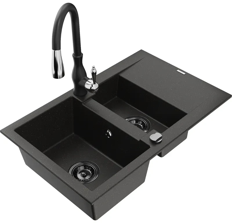 Mexen Gaspar, 1,5-komorový granitový drez 737x475x177 mm a drezová batéria Savita, čierna-zlatá metalíza, 6507-75-672601-70-B