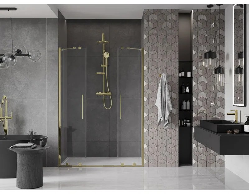Mexen Velar Duo, posuvné dvere do otvoru 160x200 cm, 8mm číre sklo, zlatá lesklá, 871-160-000-02-50