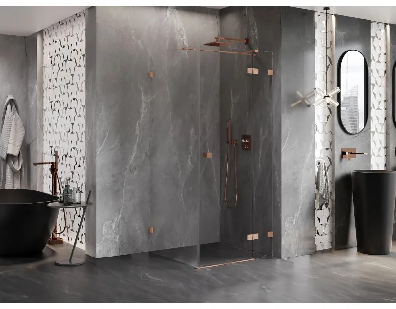 Mexen Lunar T, výklopný sprchový kút pravý 120 x 120 cm, 8mm číre sklo, profil medená matná, 834T-120-120-65-00-P