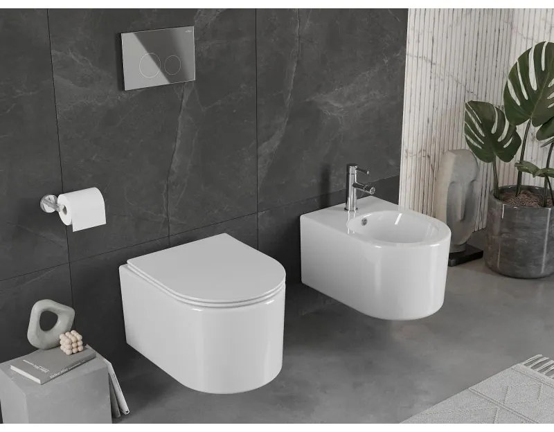 Mexen Sofia, závesná WC misa 490x360x355 mm, Rimless Tornádo + toaletné WC sedadlo z duroplastu, biela lesklá, 30540400