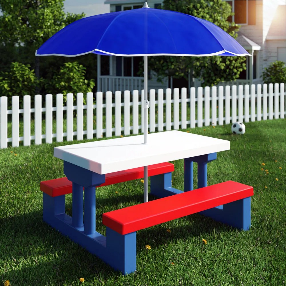 Spielwerk Detská sedacia zostava so slnečníkom JASMIN, 67x78,5x42,5cm, modrá/biela/červená