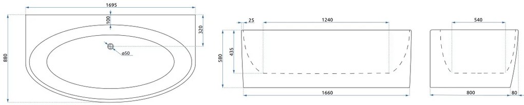 Nástěnná rohová vana Malta 170 cm bílá