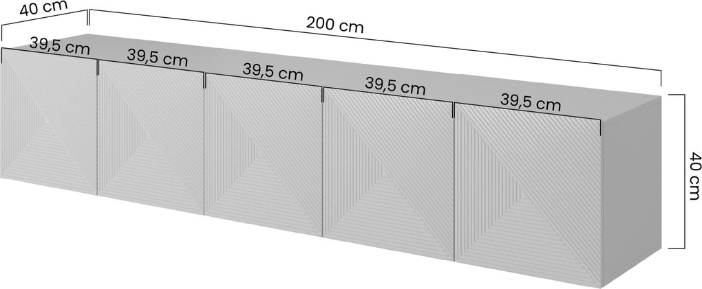 Závesná TV skrinka Asha 200 cm s ryhovaným čelom - čierny mat