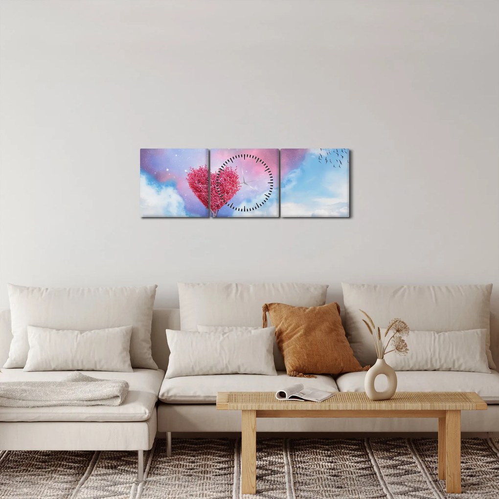 Obraz - Ružový strom srdca (s hodinami) (90x30 cm)