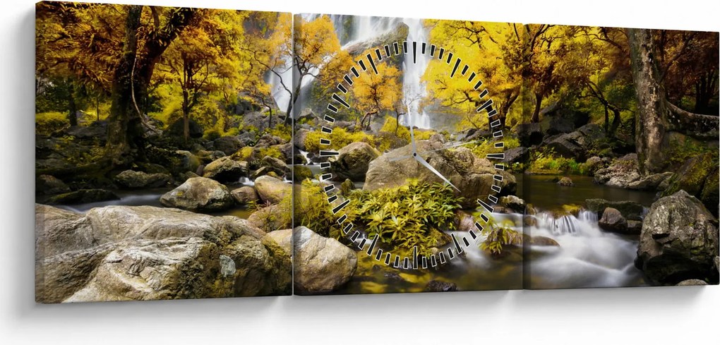 Obraz - Vodopády v jesennej krajine, žlté (s hodinami) (90x30 cm)