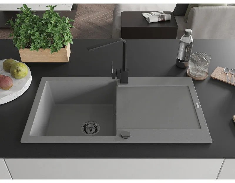 Mexen Leo, drez granitový 900x500x190 mm, 1-komorový, šedý s čiernym sifónom a čierna drezová batéria Rita, 6501-71-670300-70-B