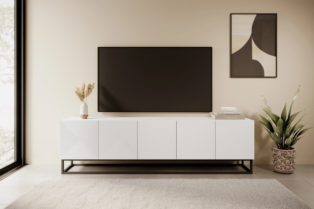 TV stolík Asha 200 cm na čiernom podstavci - biely mat