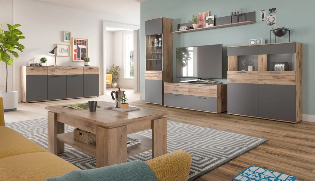 Vysoká vitrína Mason, dub/šedá