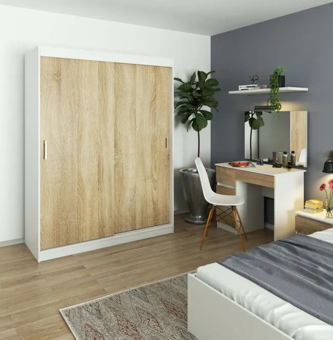Šatníková skriňa s posuvnými dverami 150 cm CLP mono biela / sonoma