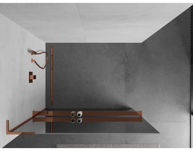 Mexen Kioto+ L, sprchová zástena Walk-In s poličkou a vešiakom 120 x 200 cm, 8mm sklo vzor zrkadlo, ružové zlato profil, 800-120-123-60-50