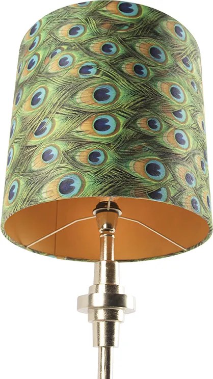 Stolná lampa v štýle Art Deco so zlatým zamatovým tienidlom s motívom pávieho peria 40 cm - Diverso