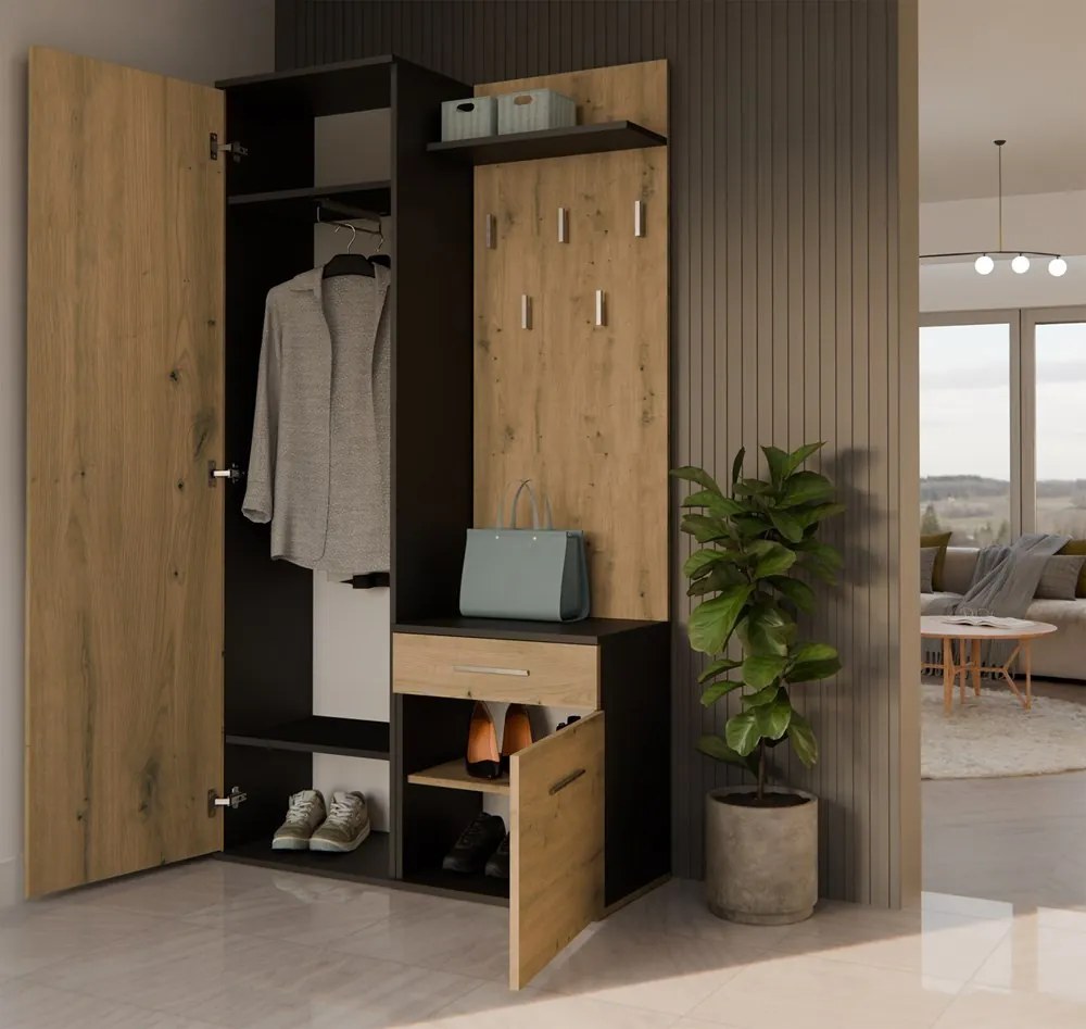 Predsieňová stena so zrkadlom a šuplíkmi DUO dub artisan/antracit