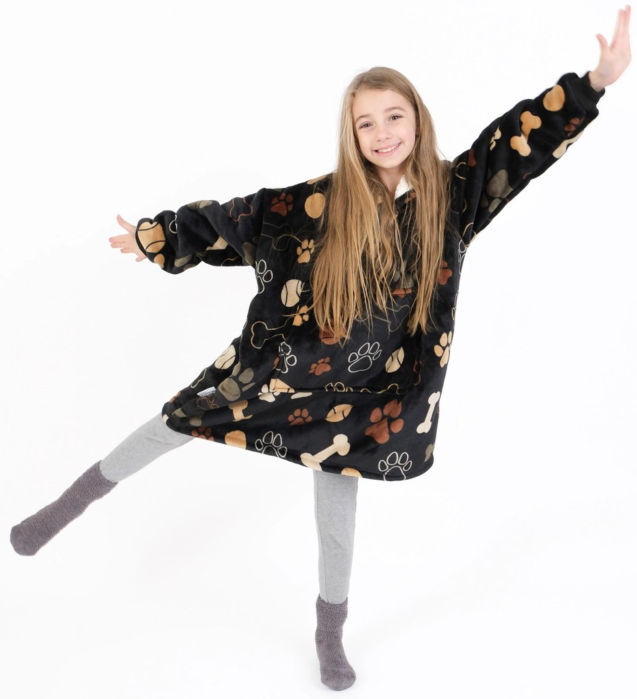 Baránková mikina mikroplyš – Psie labky čiernej veľkosť S detská