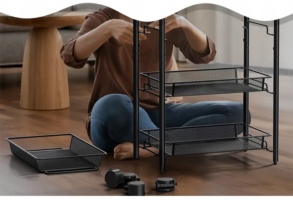 VERK GROUP Mobilný kovový regál s kolieskami, 3 police, čierny kov SHELF