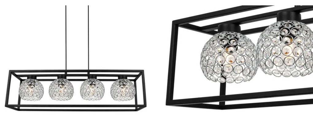 Závesné svietidlo Crystal cage, 4x strieborné krištáľové tienidlo v kovovom ráme
