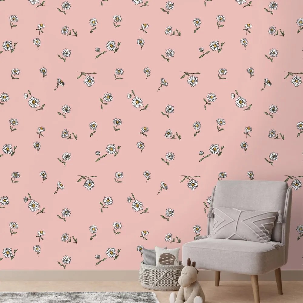 Samolepiaca tapeta ružové pozadie s bielymi kvietkami