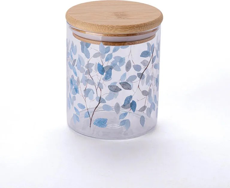 Sklenená dóza s bambusovým vekom MODRÉ KVETY 440 ml