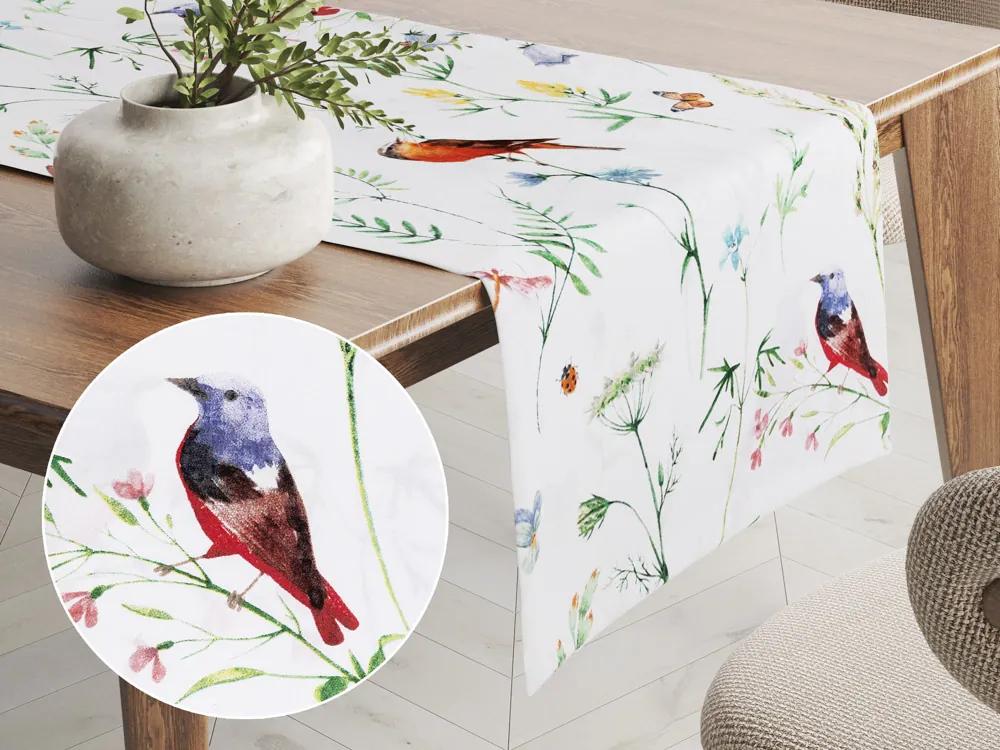 Biante Bavlnený behúň na stôl Sandra SA-392 Lúčne kvietky s vtáčikmi 45x180 cm