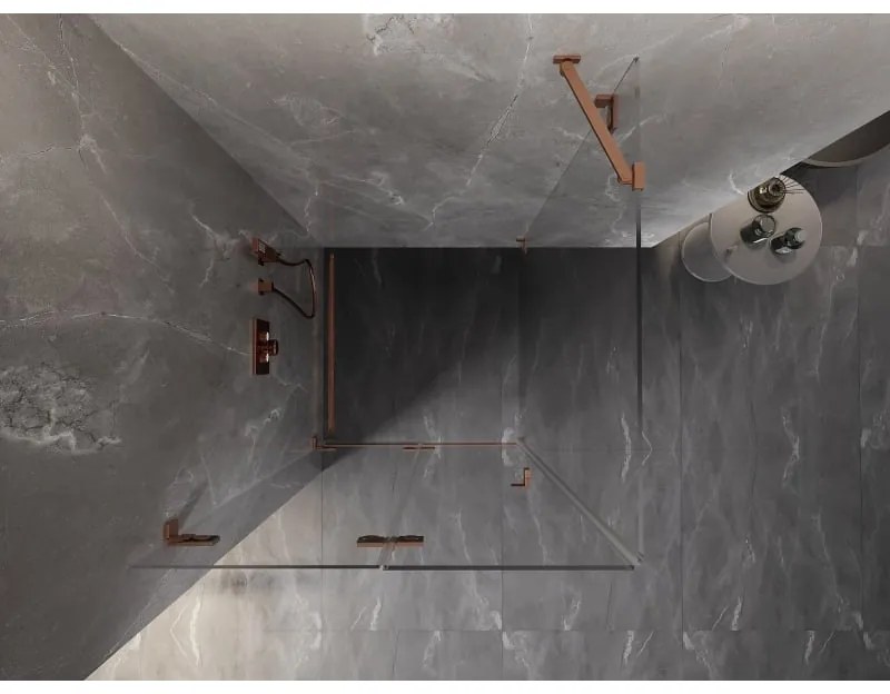 Mexen Lunar-F, 1-krídlový sprchový kút so skladacími dverami, ľavý, 100 x 100 cm, 8mm číre sklo, medený profil, 836-100-100-65-00-L