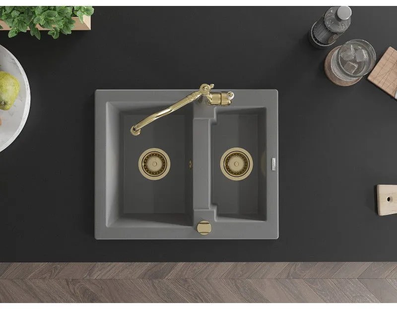 Mexen Carlos, granitový drez 582x475x177 mm, 1,5-komorový a drezová batéria Carla, šedá, 6518-71-670700-50