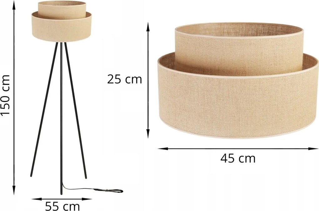 Stojacia lampa Juta, 1x jutové tienidlo, čierna konštrukcia, m