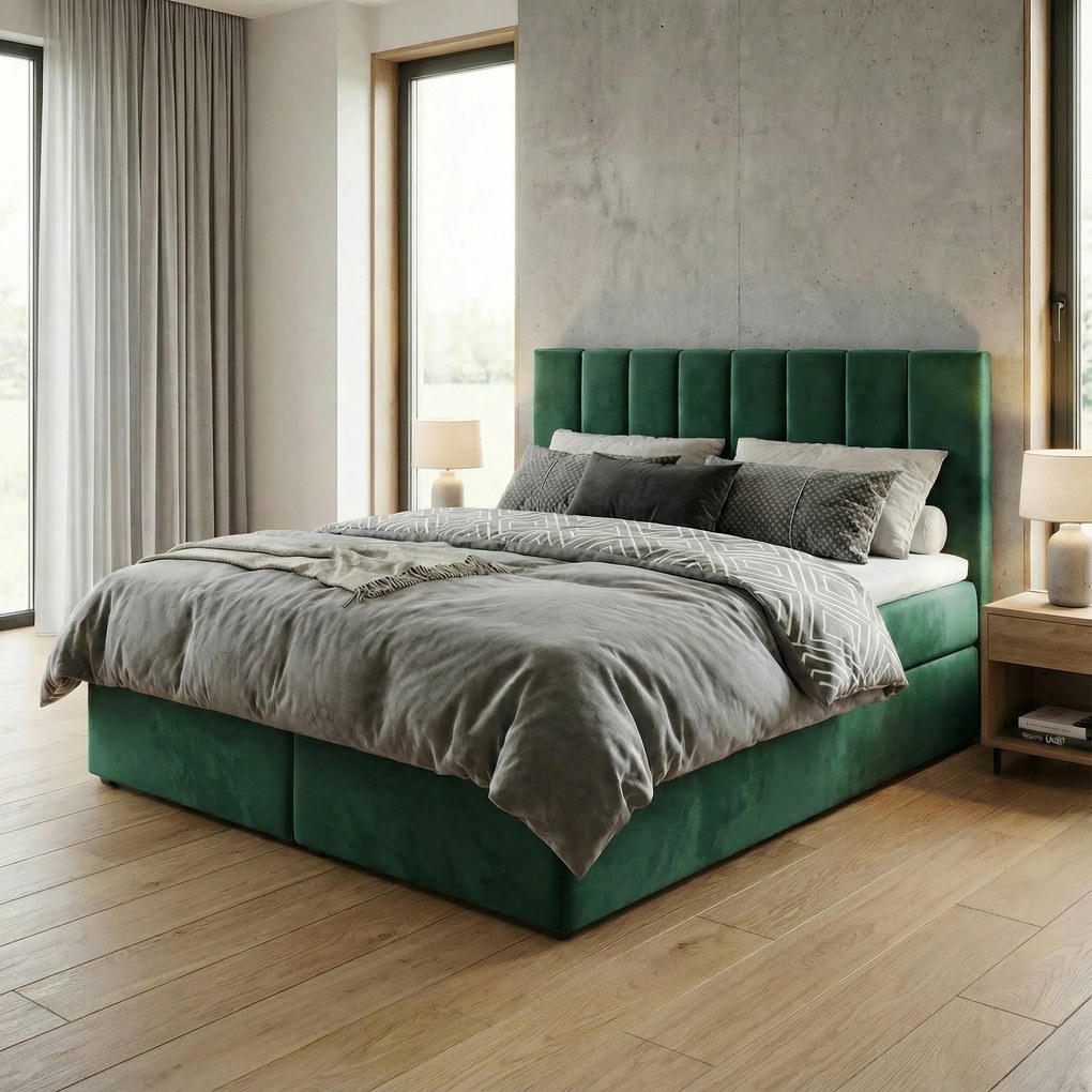 Kontinentálna posteľ 160x200 Sonno Bello s 2 úložnými priestormi fľašová zelená