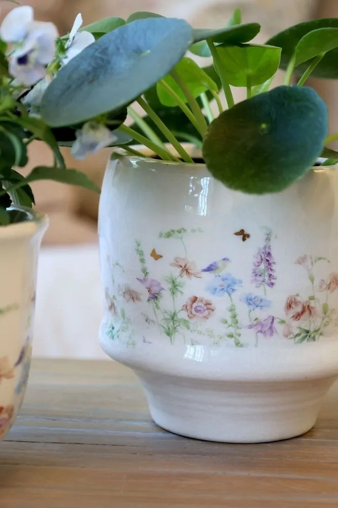 Krémový antik keramický kvetináč s kvetmi Papillon Blossom - Ø 15*14 cm