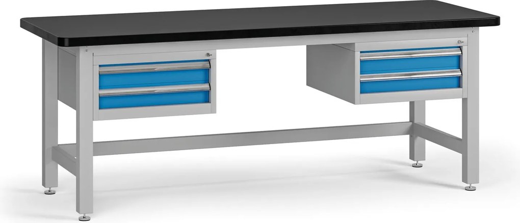 Pracovný stôl do dielne G4 s 2 závesnými boxami na náradie, MDF + PVC doska, 4 zásuvky, 2100 x 750 x 800 mm, modrá