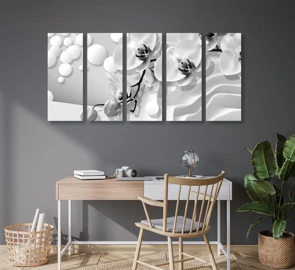 5-dielny obraz čiernobiela orchidea na abstraktnom pozadí - 100x50