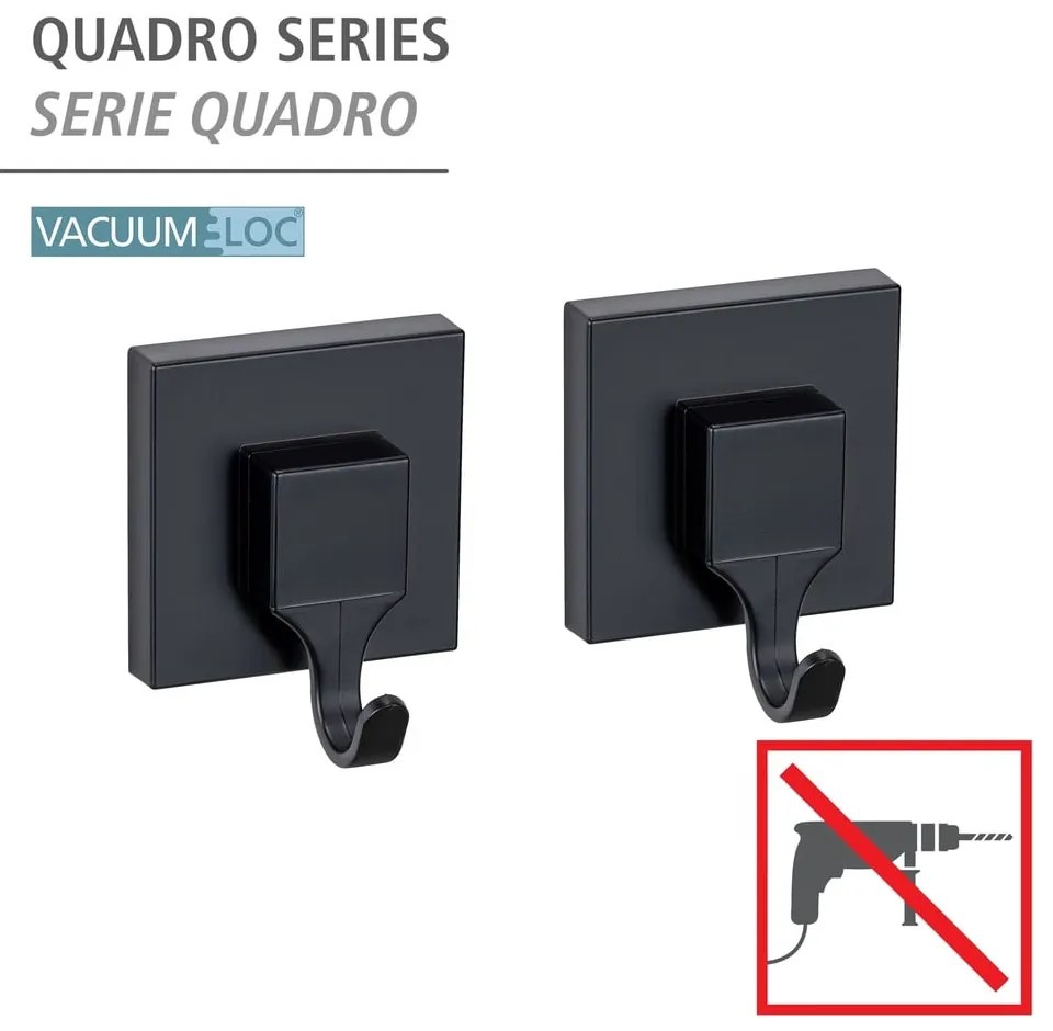Čierne samodržiace plastové háčiky v súprave 2 ks Quadro – Wenko