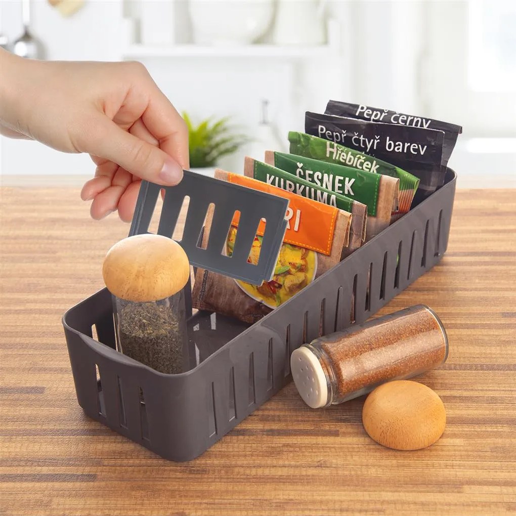 Orion Úložný box s priehradkami, stohovateľný, sivý, NIKI (4 priehradky), 32 x 10 x 7 cm