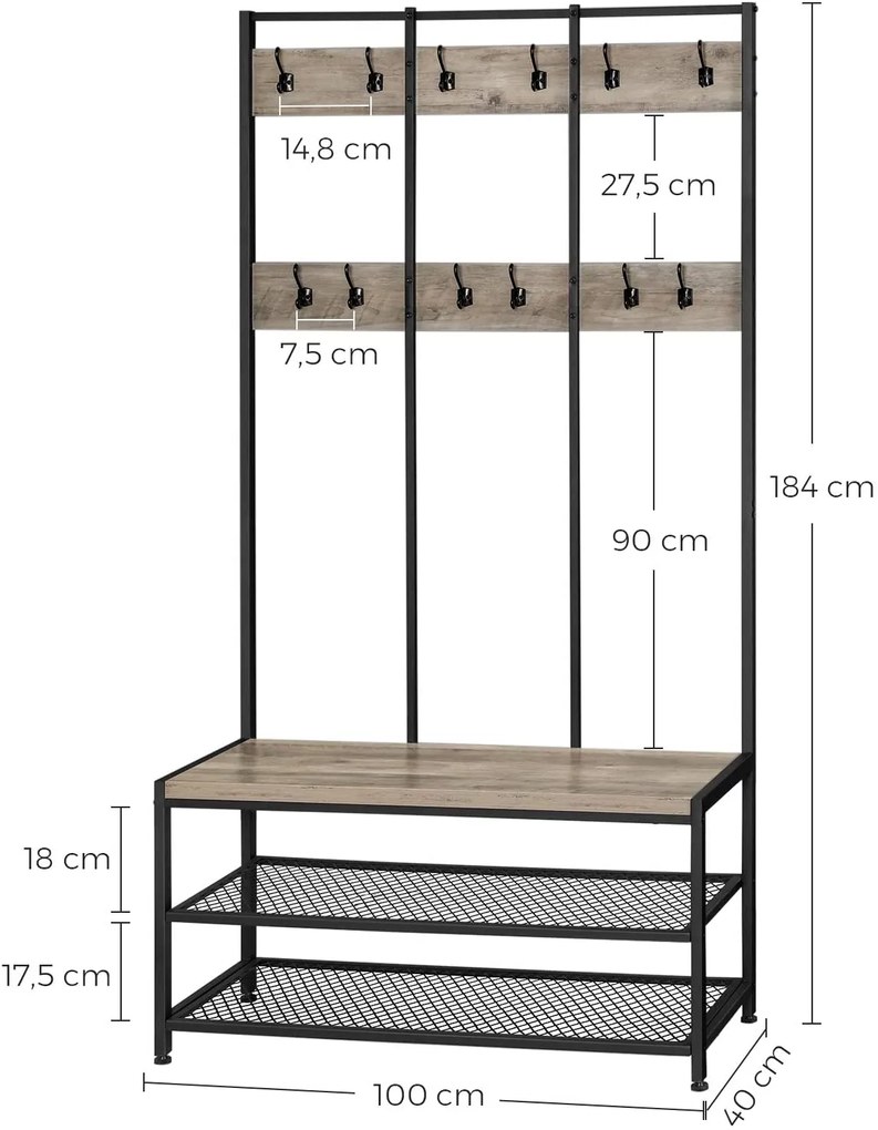 VASAGLE Vešiak do predsiene s botníkom svetlé drevo 100 x 184 x 40 cm