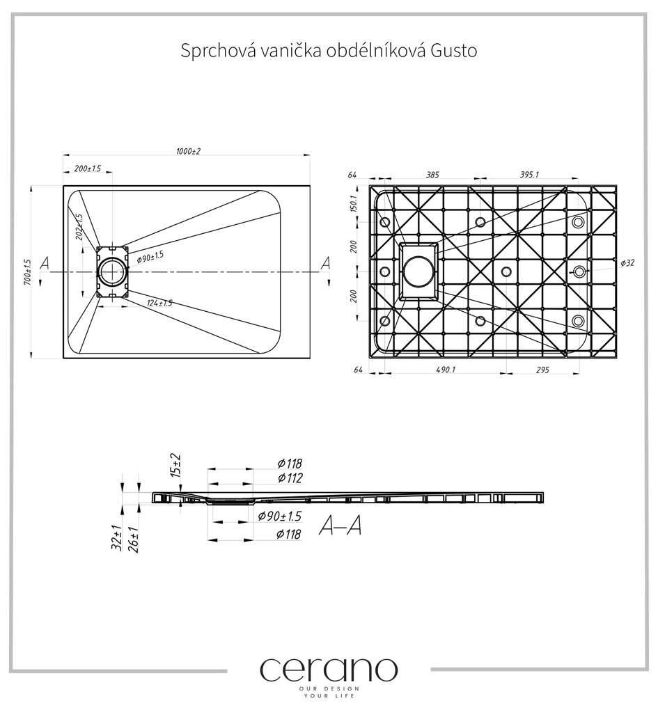 Cerano Gusto, obdĺžniková sprchová vanička 100x70x3 cm z minerálneho kompozitu, čierna matná, CER-CER-414596