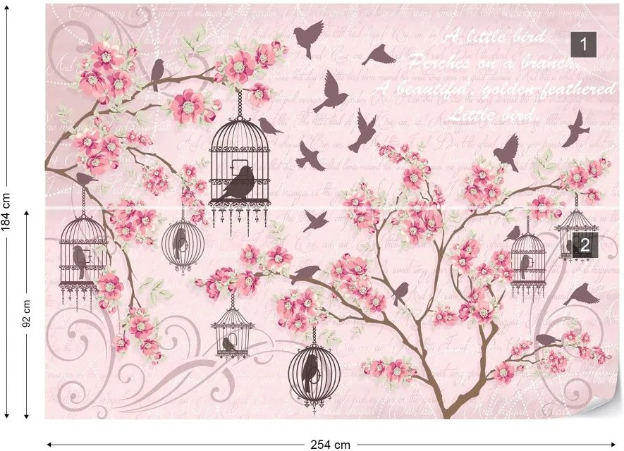 GLIX Fototapeta - Cherry Blossom And Birds Vintage Design Pink Vliesová tapeta  - 254x184 cm