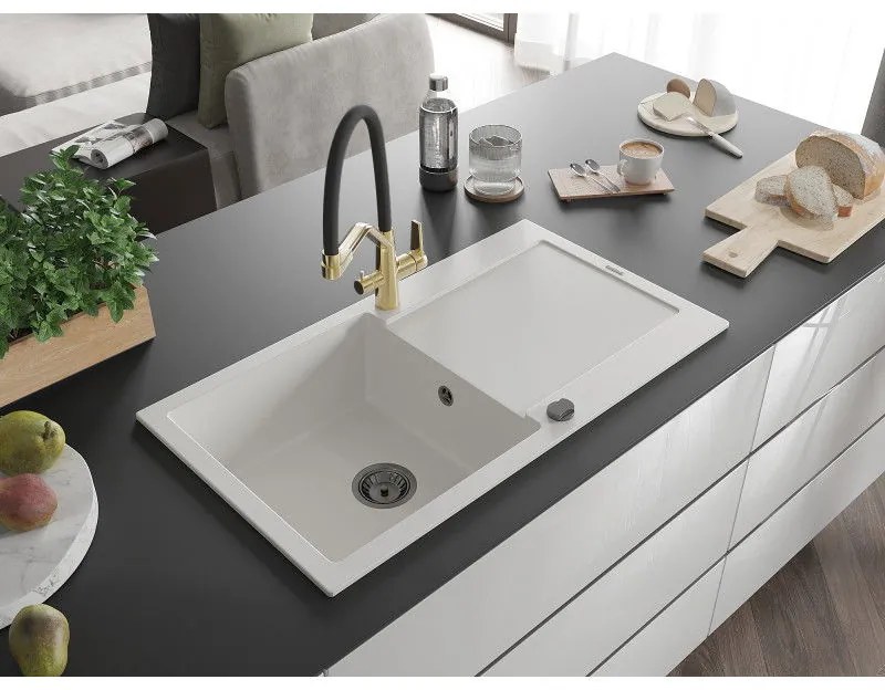 Mexen Leo, 1-komorový granitový drez 900x500x190 mm a drezová batéria Duo, biela, 6501-20-671701-57-B