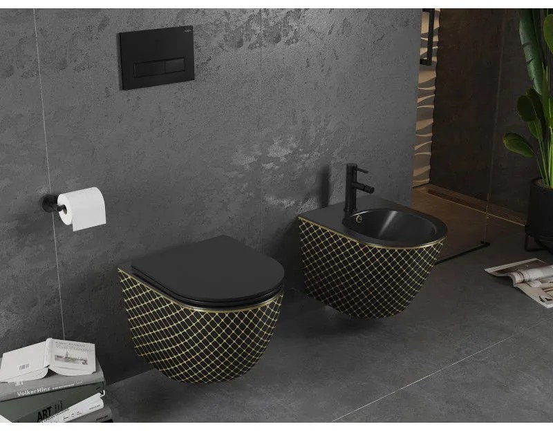 Mexen Lena, závesný bidet 480x370x325 mm, čierna matná - zlatý vzor, 35224879