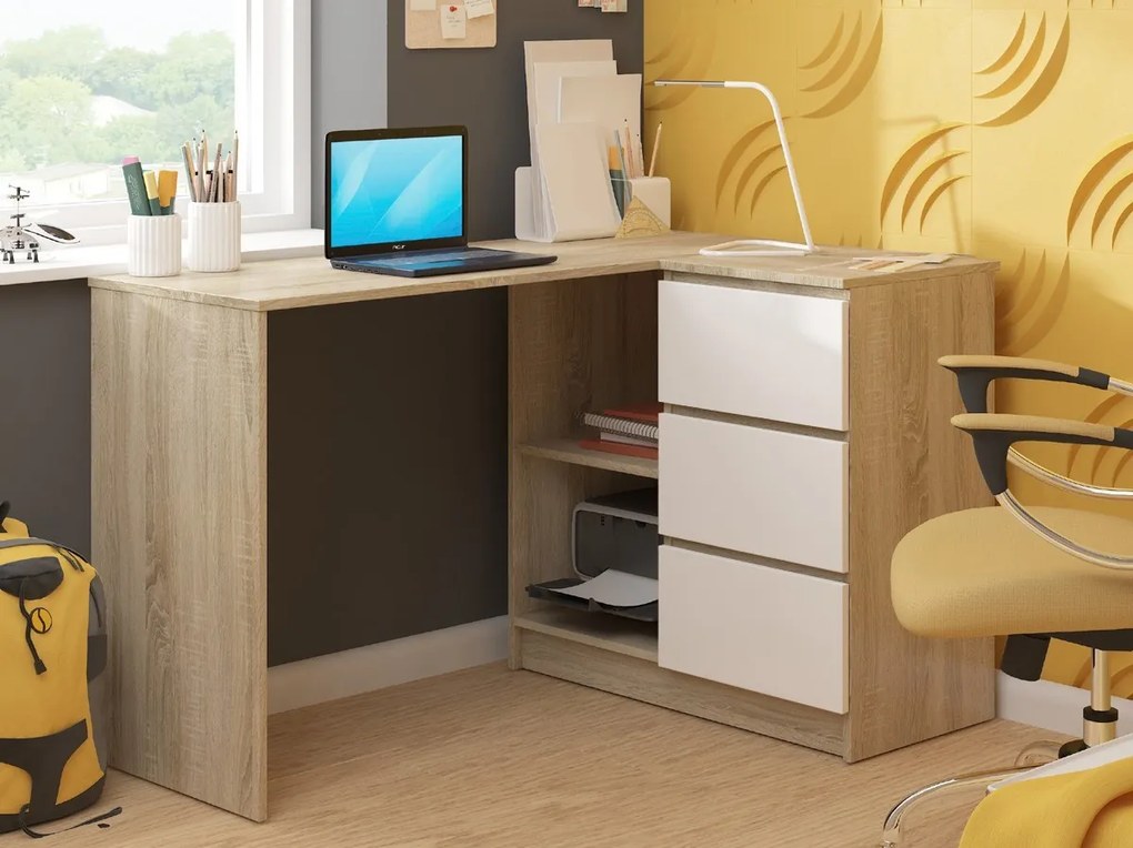 Rohový písací stôl B16 124 cm dub sonoma/biely pravý