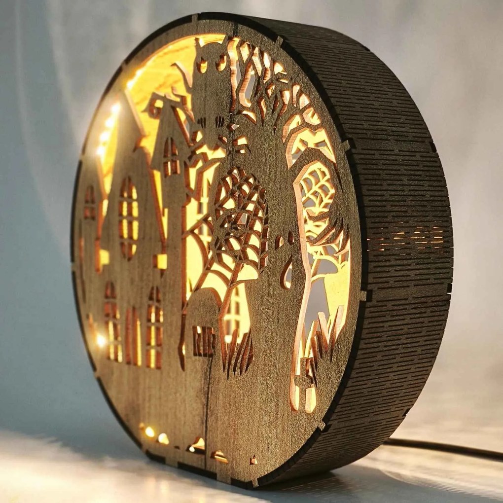 Drevená lampa Halloween - Strašidelný dom s sovou | DRACO: HDF - Orech 20 cm 4796-115339 LED0619